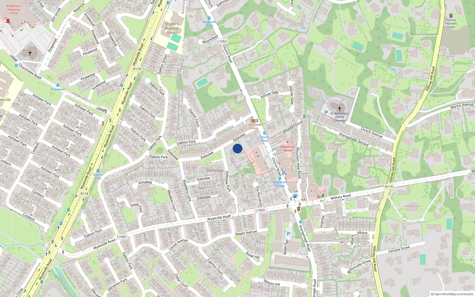 Overhead map showing the location of 30 Dale View, Ballybrack
