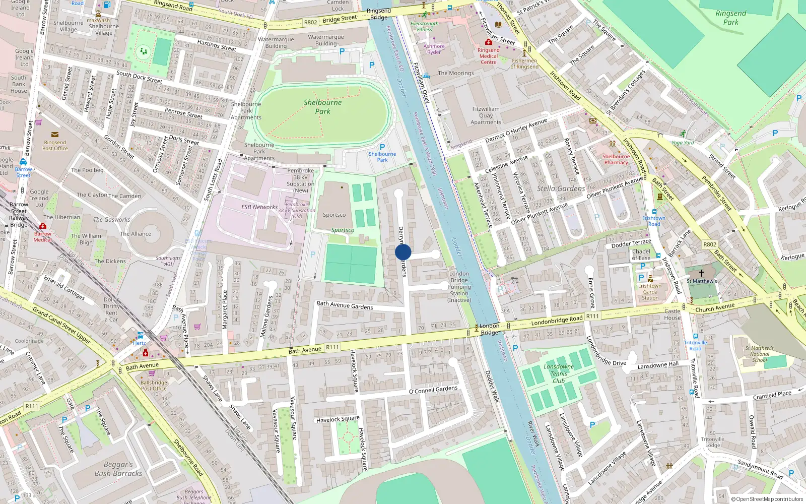Overhead map showing the location of 30 Derrynane Gardens, Sandymount Dublin 4