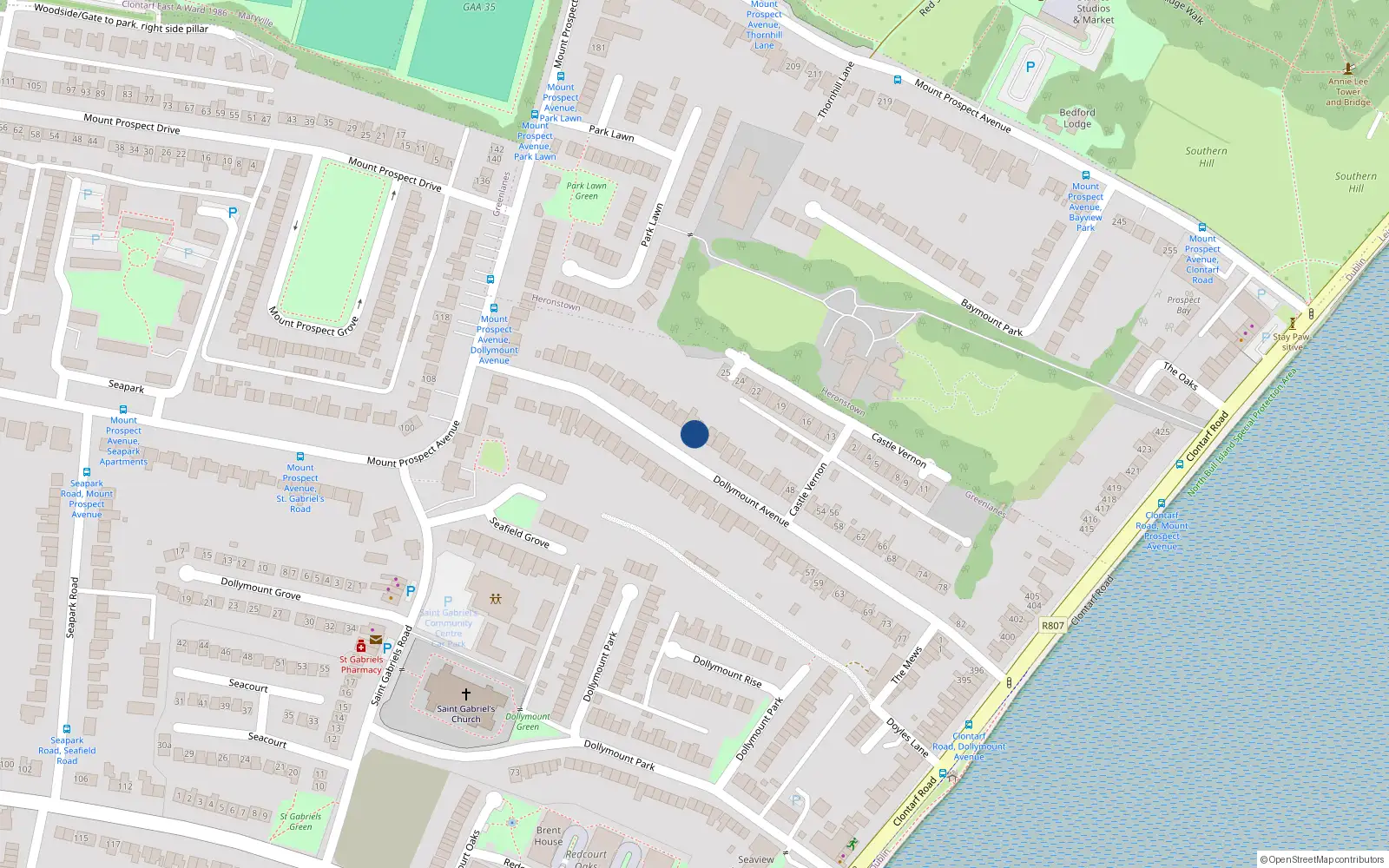Overhead map showing the location of 30 Dollymount Avenue, Clontarf, Dublin 3