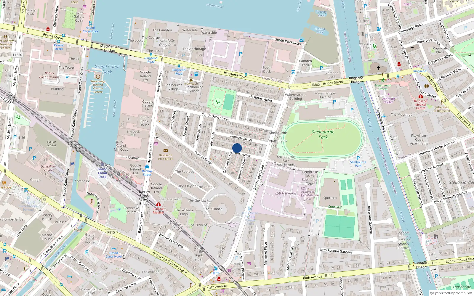 Overhead map showing the location of 30 Doris Street, Dublin 4
