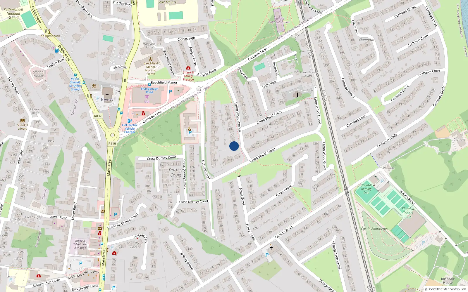 Overhead map showing the location of 30 Eaton Wood Avenue, Shankill