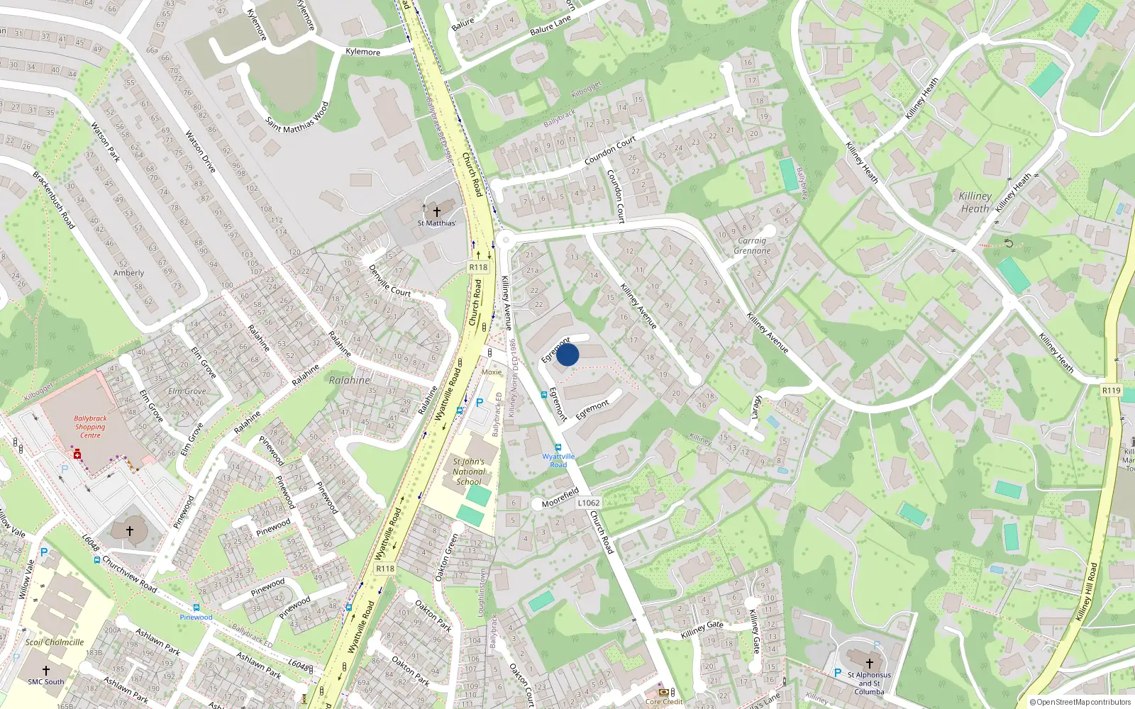 Overhead map showing the location of 30 Egremont, Church Road, Killiney