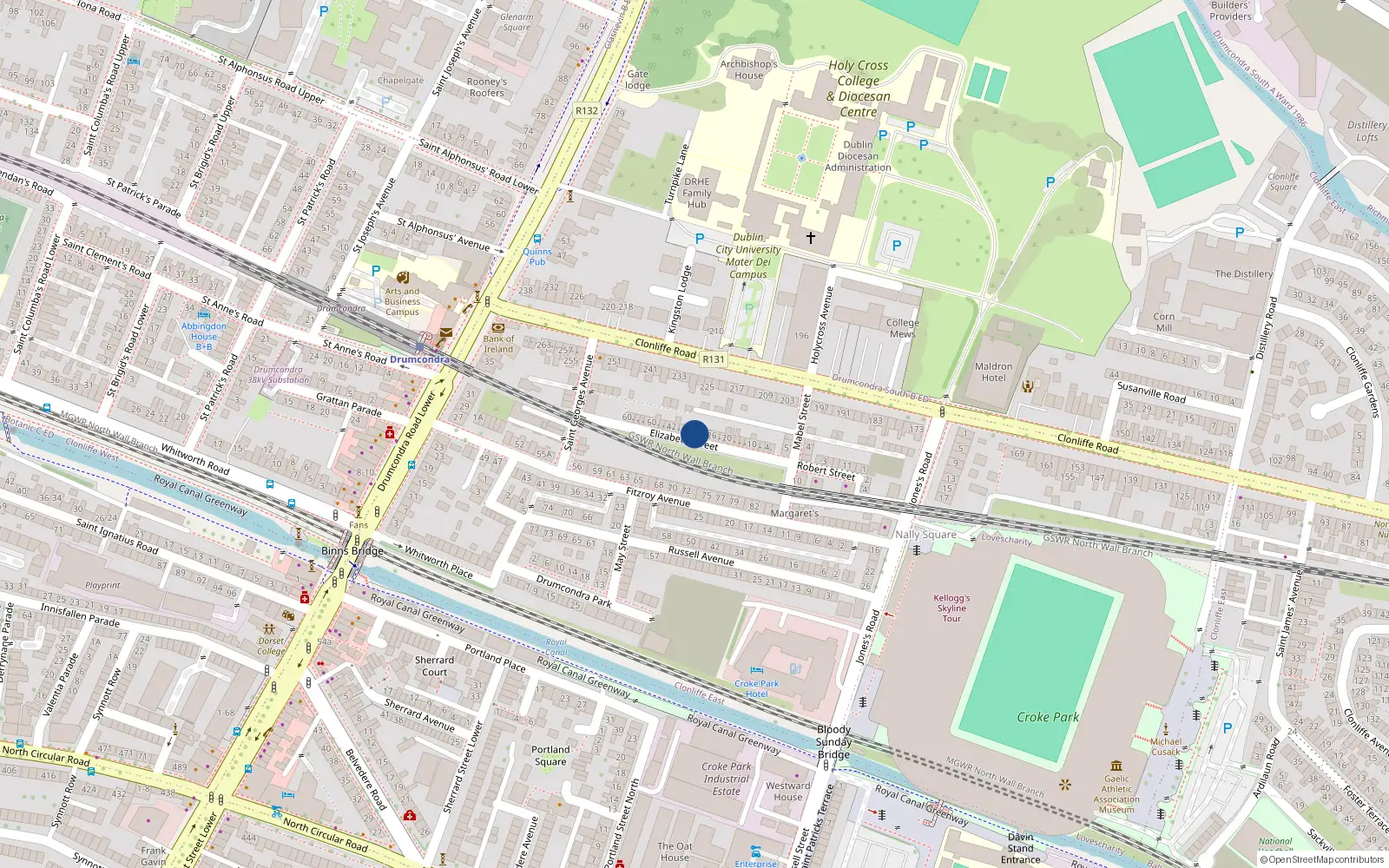Overhead map showing the location of 30 Elizabeth St, Drumcondra, Dublin 3