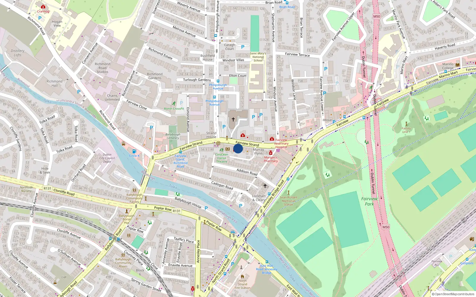 Overhead map showing the location of 30 Fairview Strand, Dublin 3, Dublin