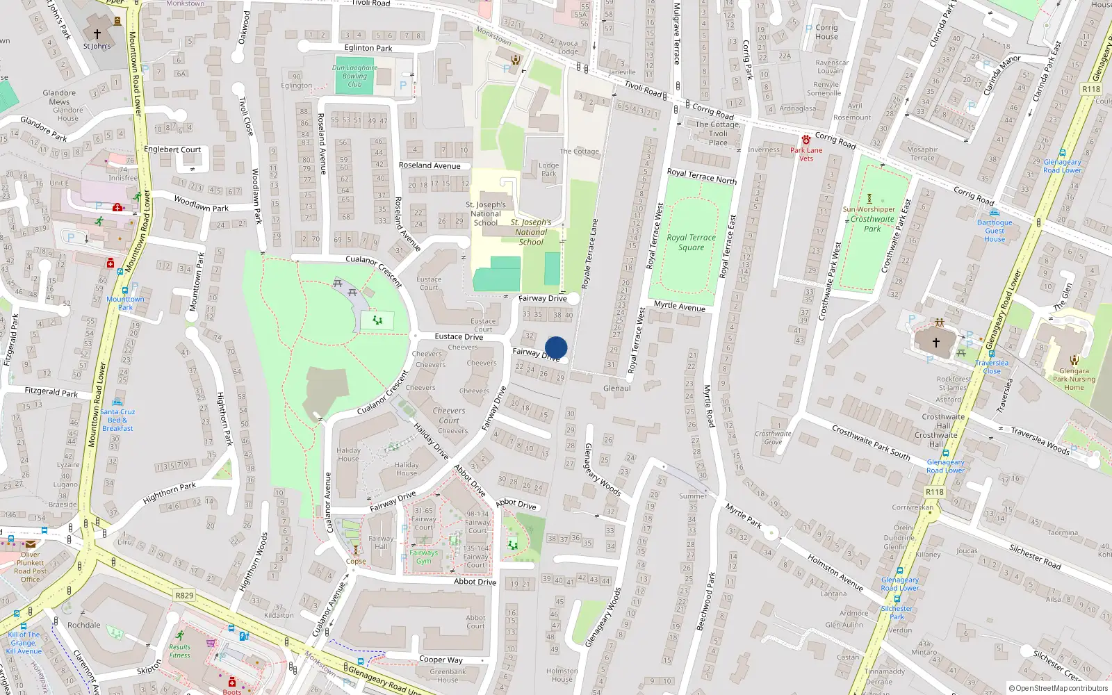 Overhead map showing the location of 30 Fairway Drive, Cualanor