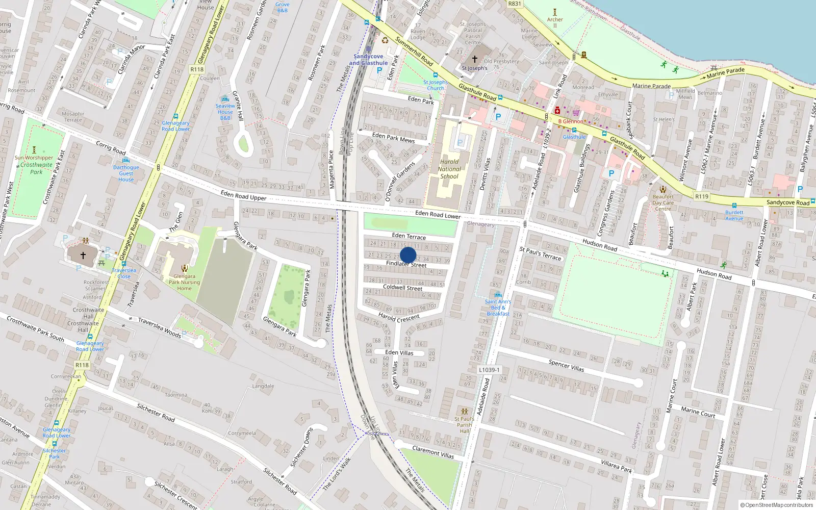 Overhead map showing the location of 30 Findlater St, Glasthule, Dublin