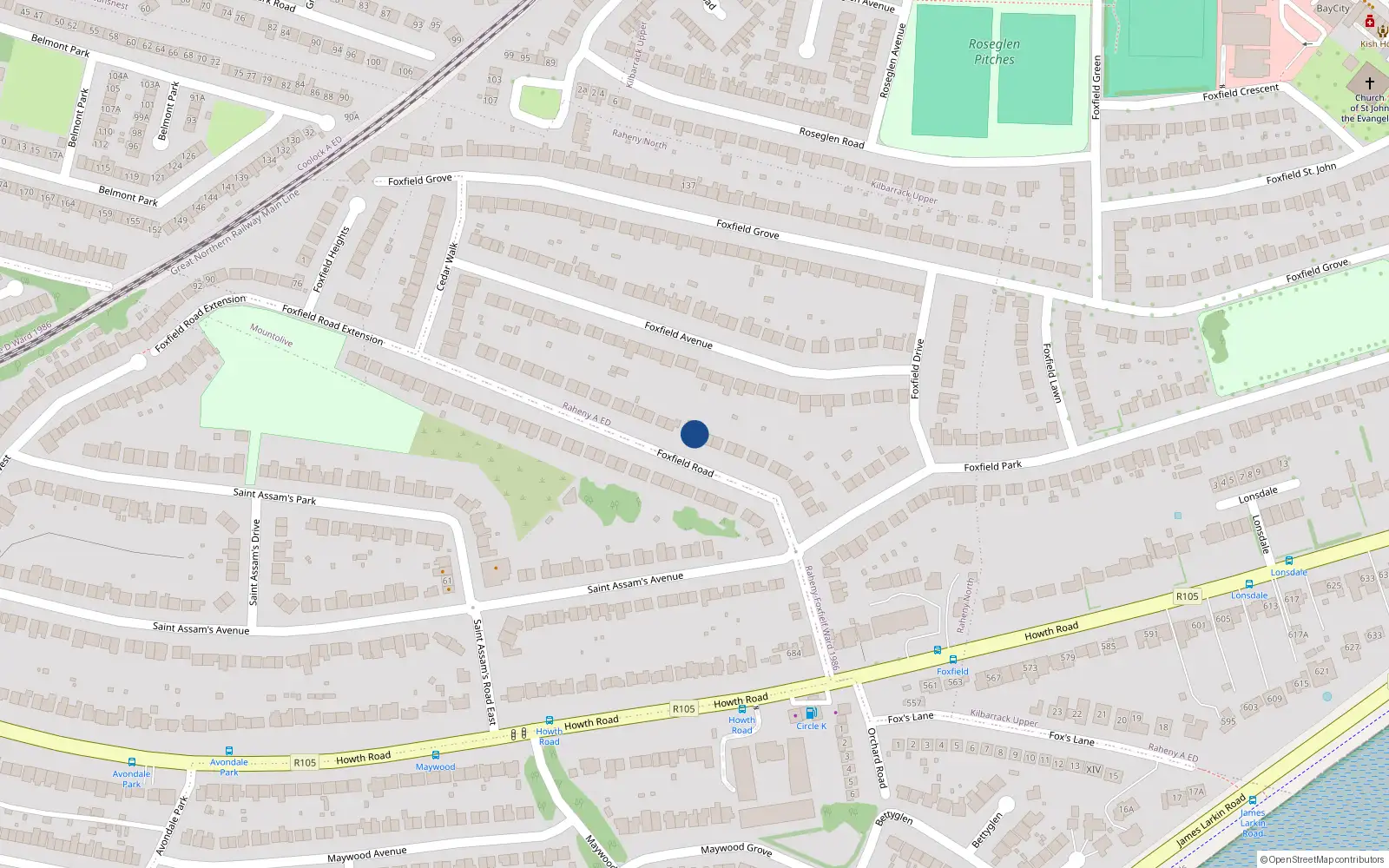 Overhead map showing the location of 30 Foxfield Road, Dublin 5