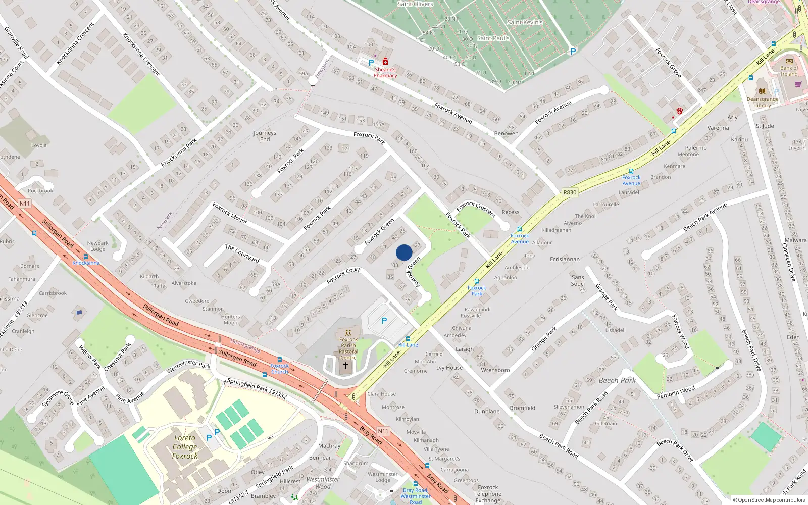 Overhead map showing the location of 30 Foxrock Green, Dublin 18