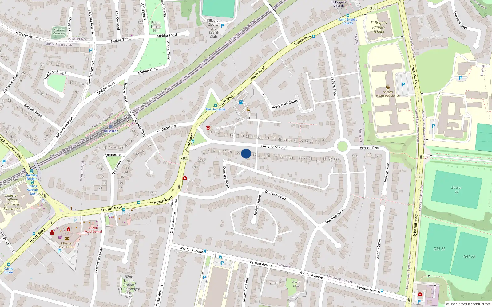 Overhead map showing the location of 30 Furry Park Road, Killester, Dublin 5
