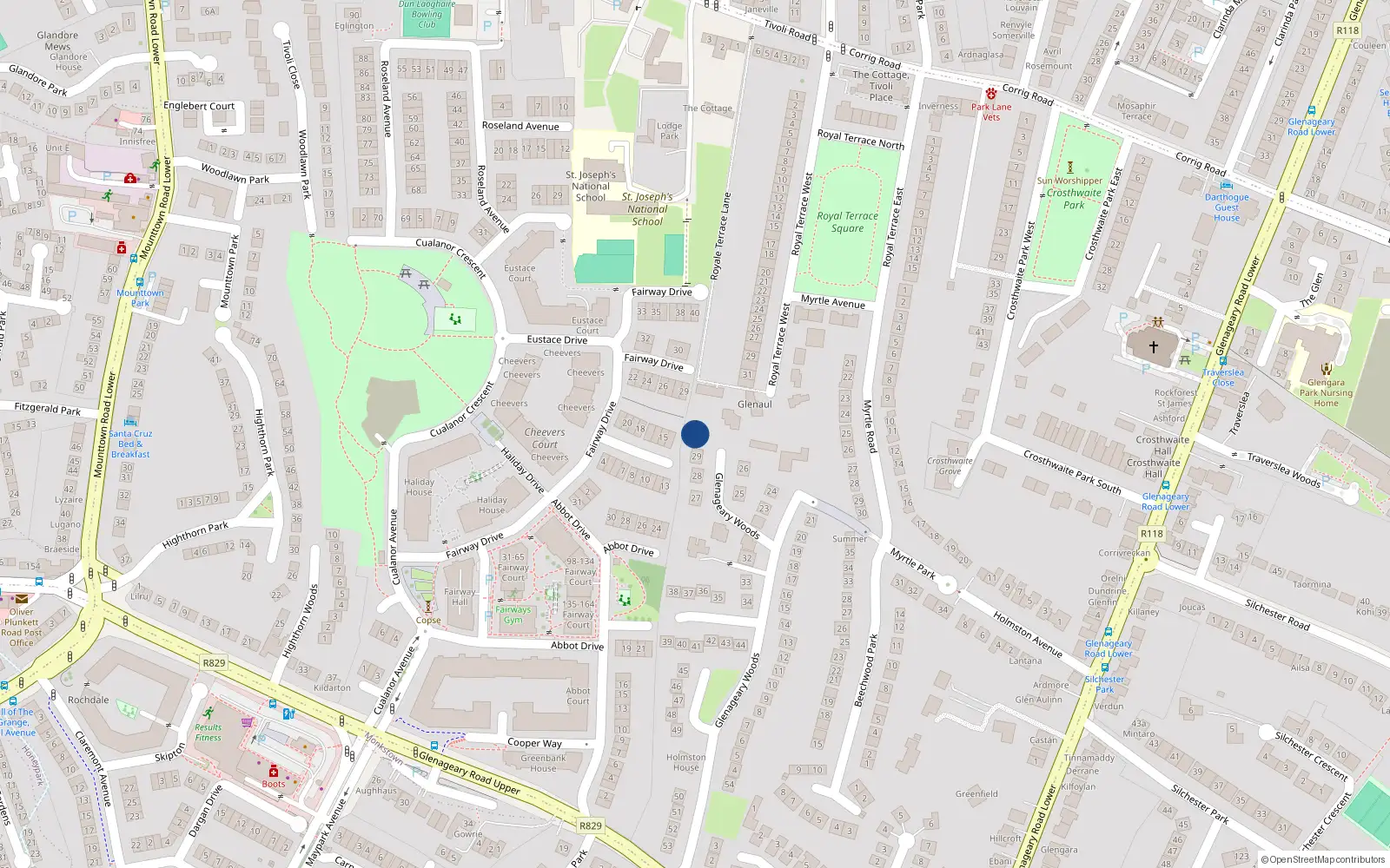 Overhead map showing the location of 30 Glenageary Woods, Dublin