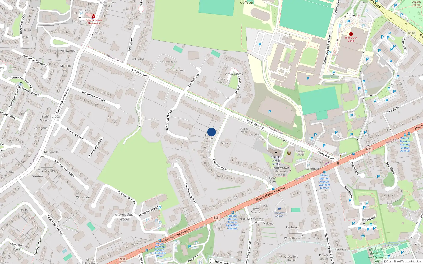Overhead map showing the location of 30 Glenvar Park, Blackrock, Dublin