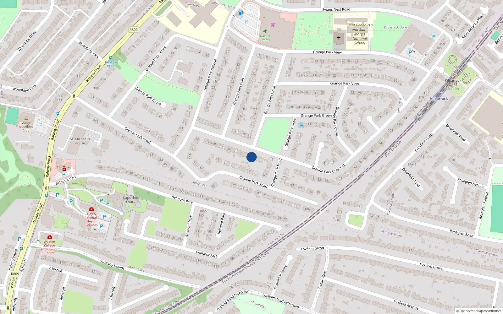 Overhead map showing the location of 30 Grange Park Crescent, Raheny, Dublin 5