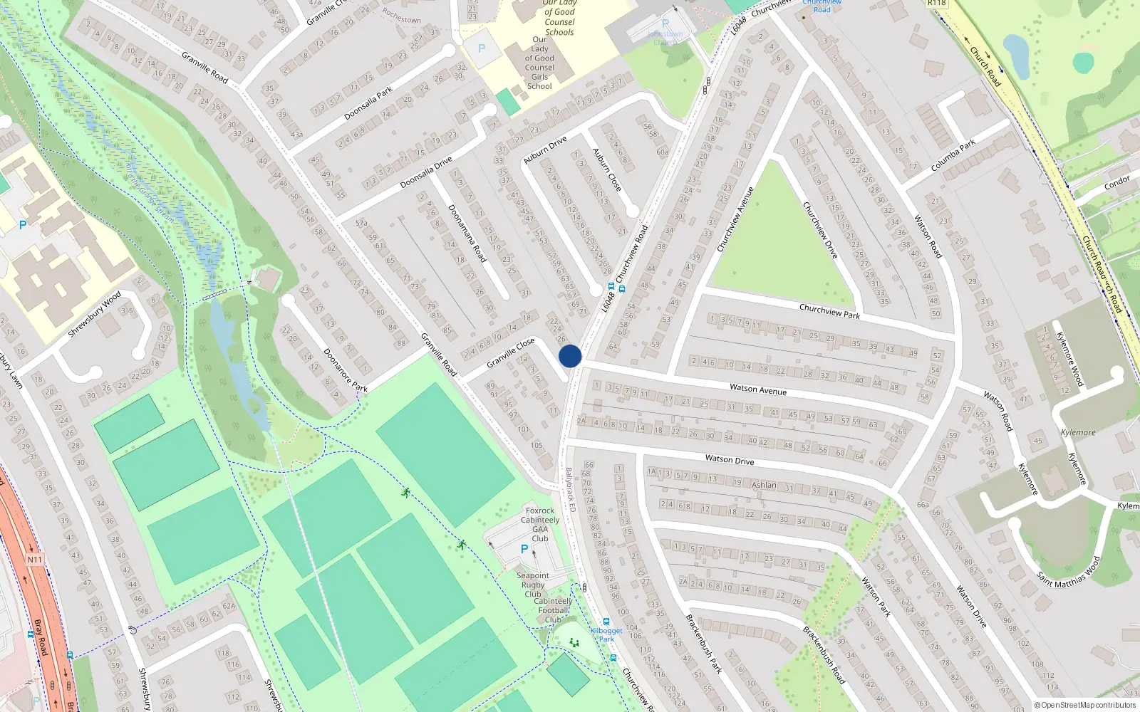 Overhead map showing the location of 30 Granville Close, Dunlaoghaire, Dublin