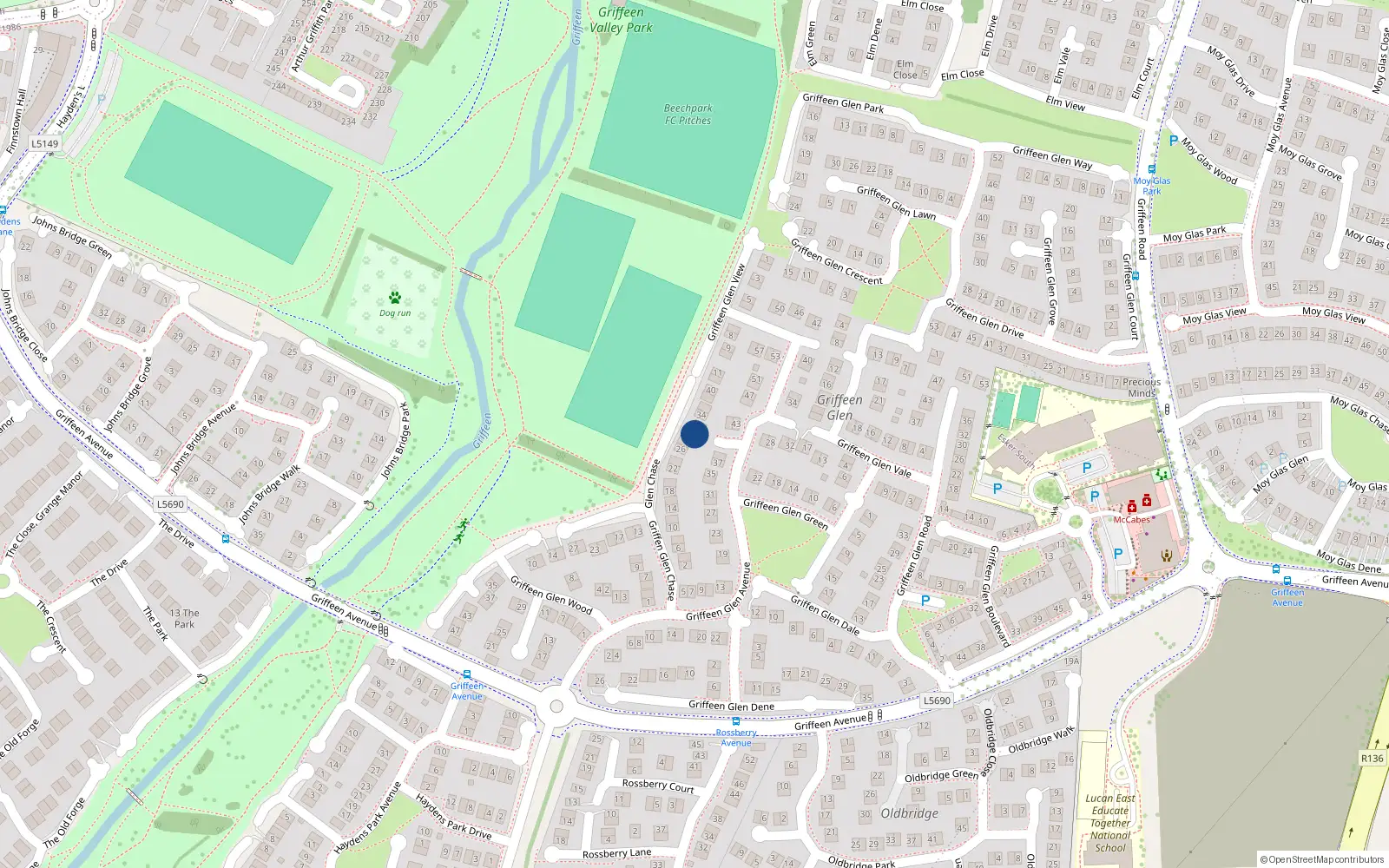 Overhead map showing the location of 30 Griffeen Glen Chase, Lucan, Dublin
