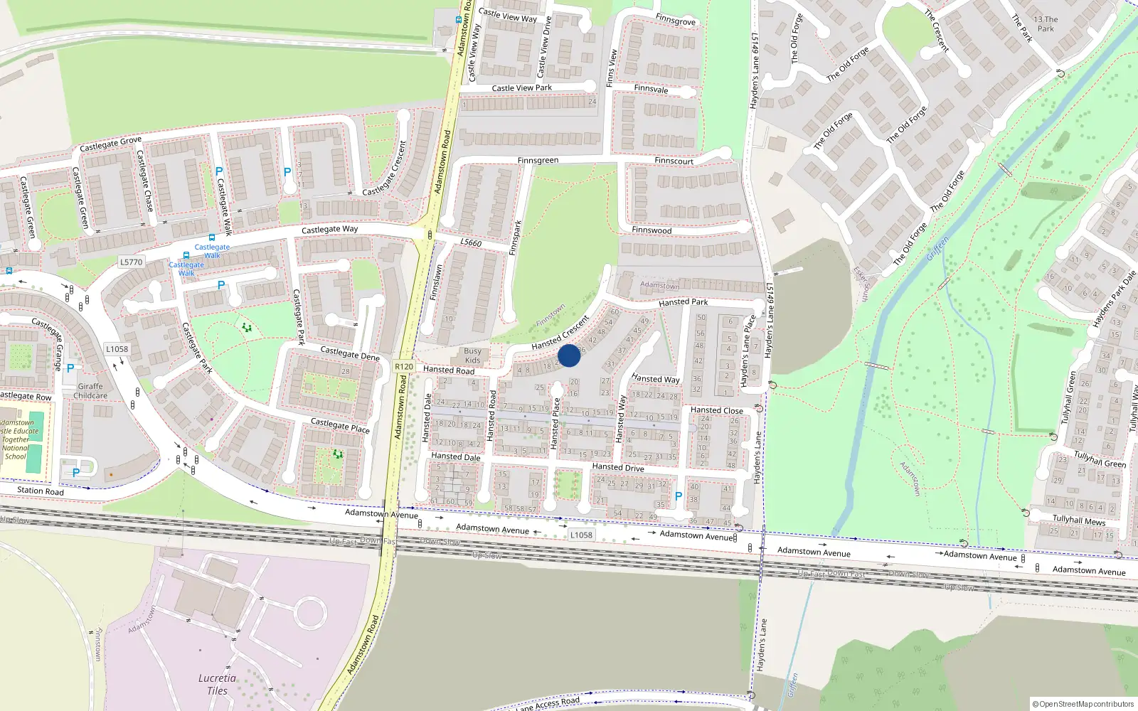 Overhead map showing the location of 30 Hansted Crescent, Lucan, Dublin