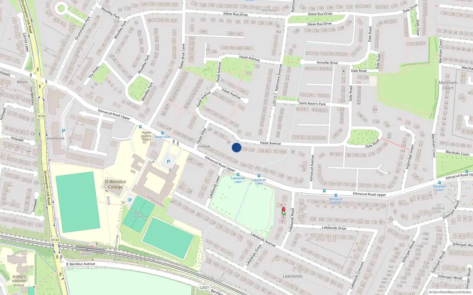 Overhead map showing the location of 30 Hazel Avenue, Stillorgan, Dublin