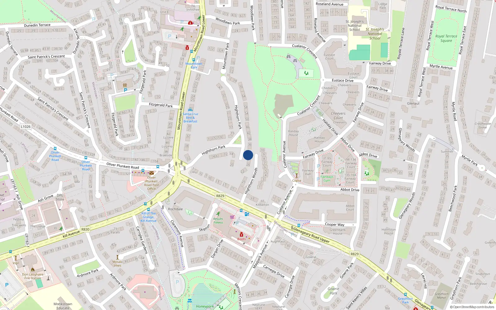 Overhead map showing the location of 30 Highthorn Park, Dun Laoghaire, Dublin