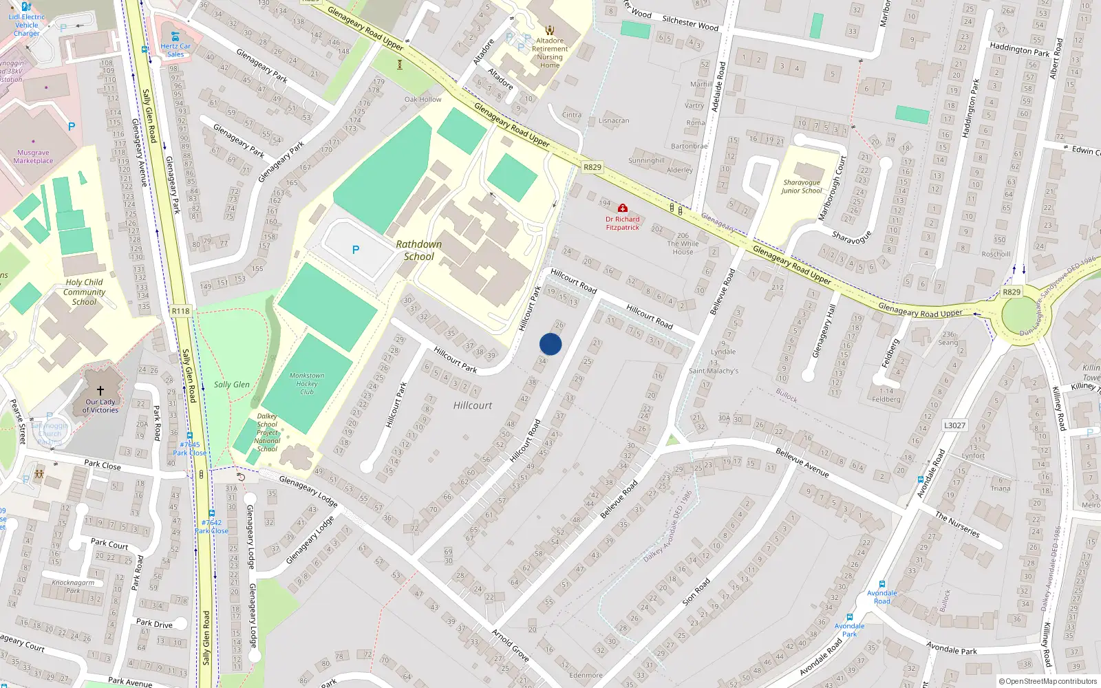 Overhead map showing the location of 30 Hillcourt Road, Glenageary, Co Dublin