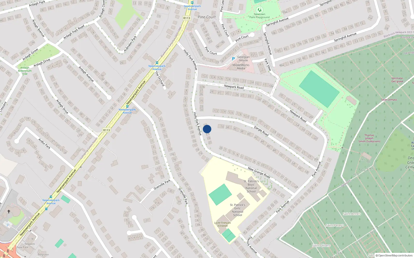 Overhead map showing the location of 30 Holly Park Avenue, Blackrock