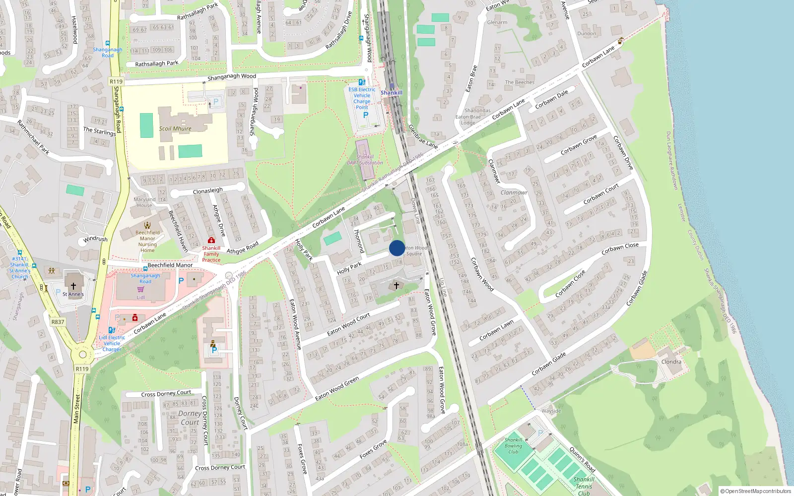 Overhead map showing the location of 30 Holly Park, Shankill