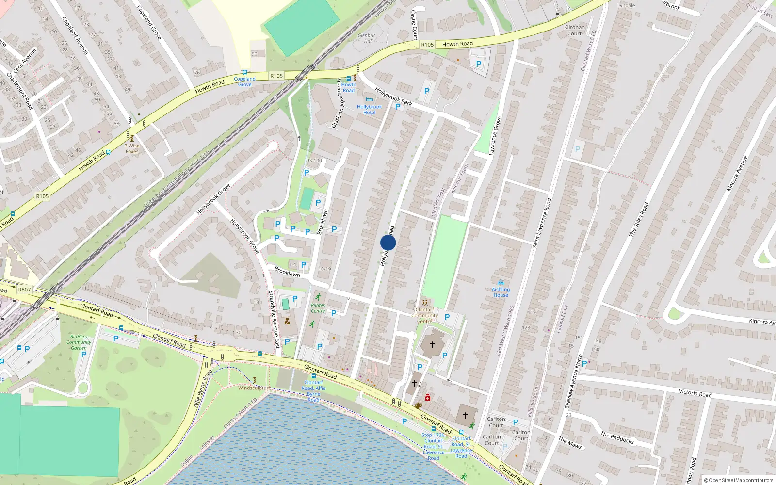Overhead map showing the location of 30 Hollybrook Road, Dublin 3