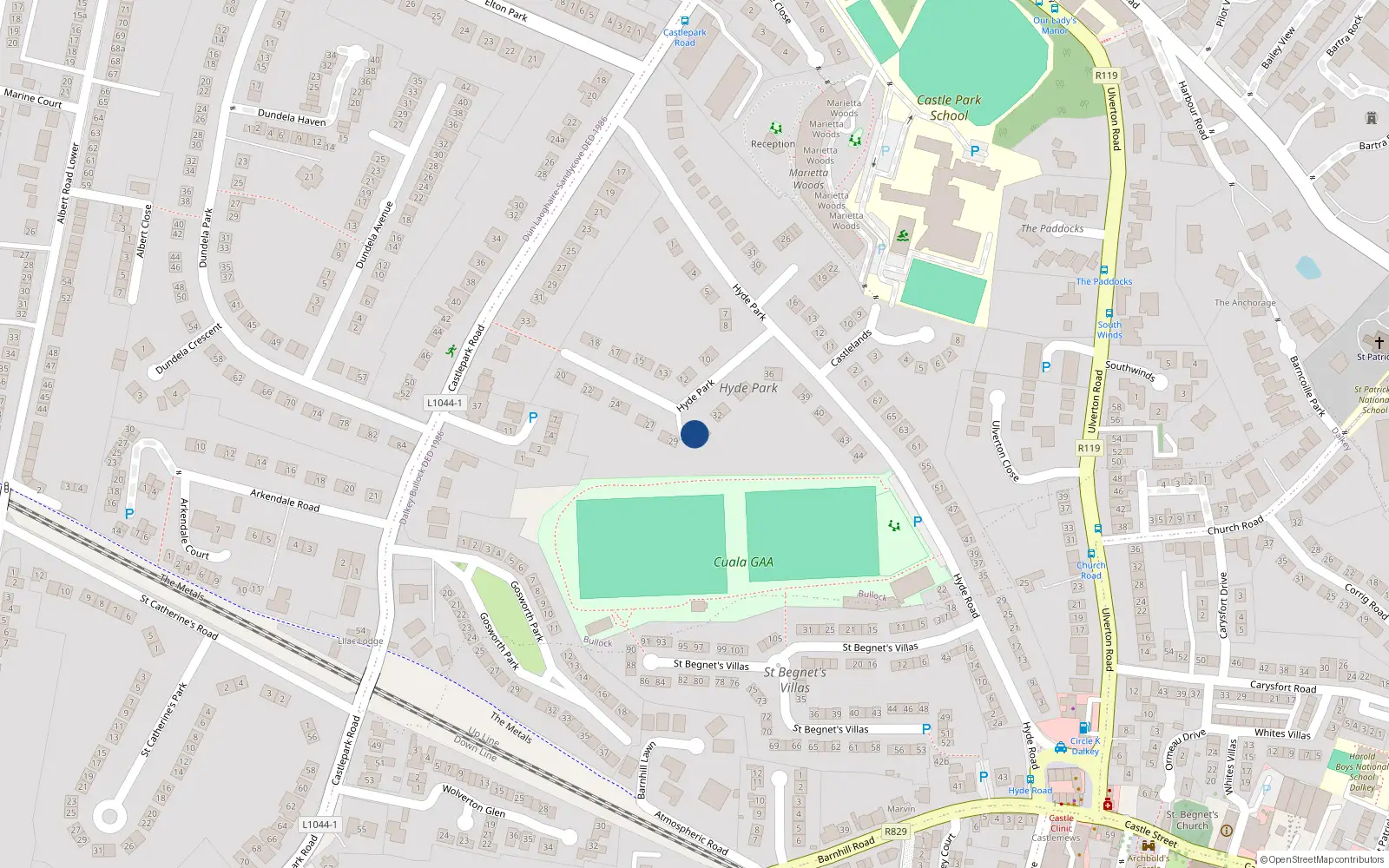 Overhead map showing the location of 30 Hyde Park, Dalkey