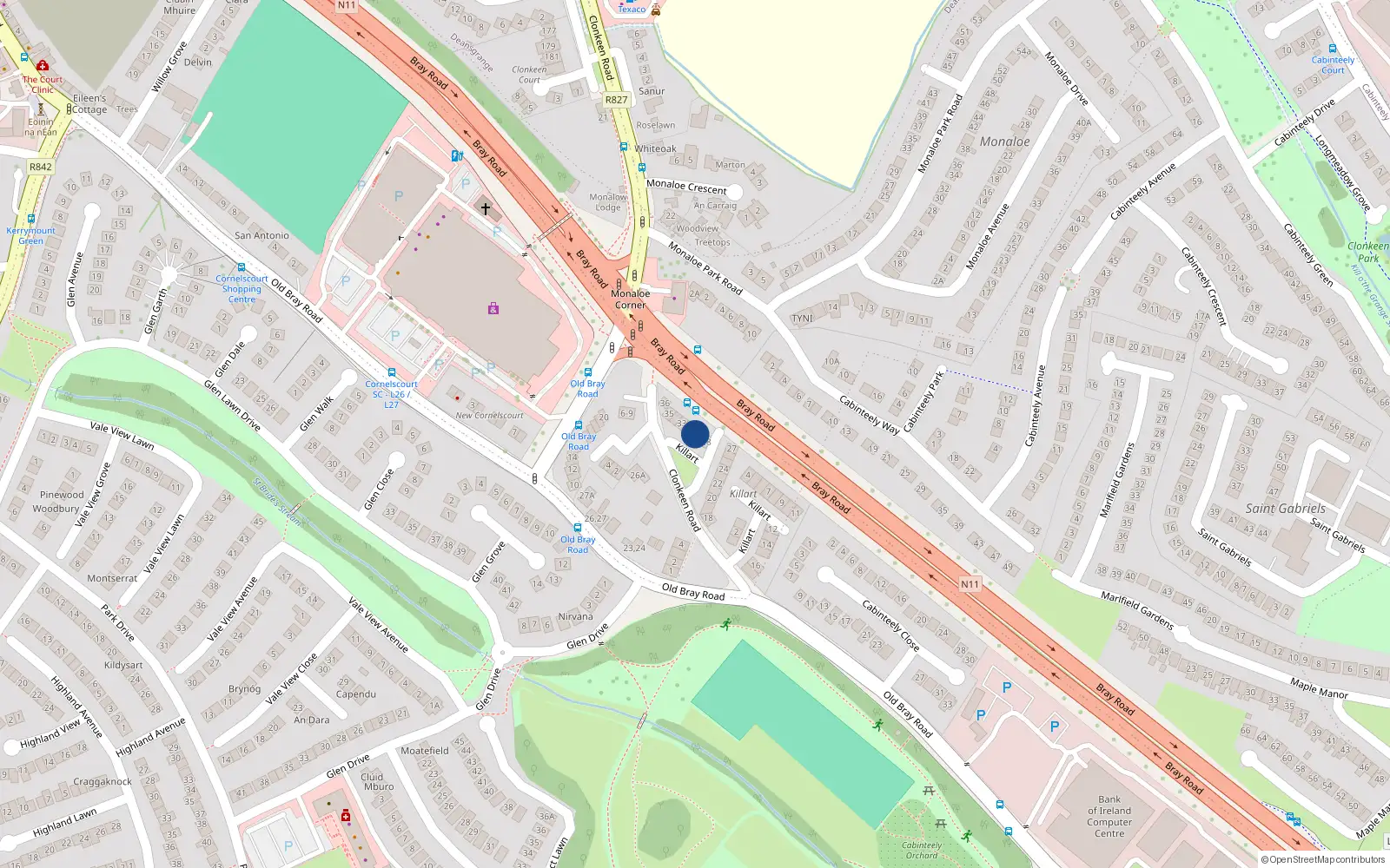 Overhead map showing the location of 30 Killart, Dublin 18