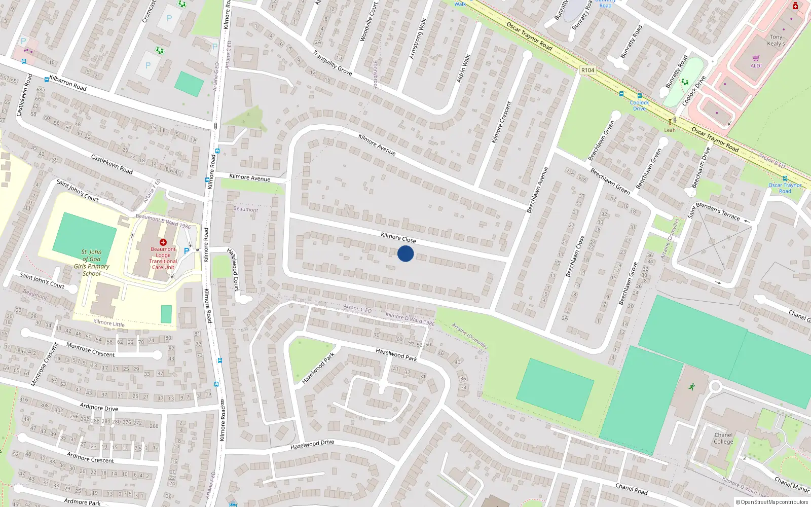 Overhead map showing the location of 30 Kilmore Close, Artane, Dublin 5