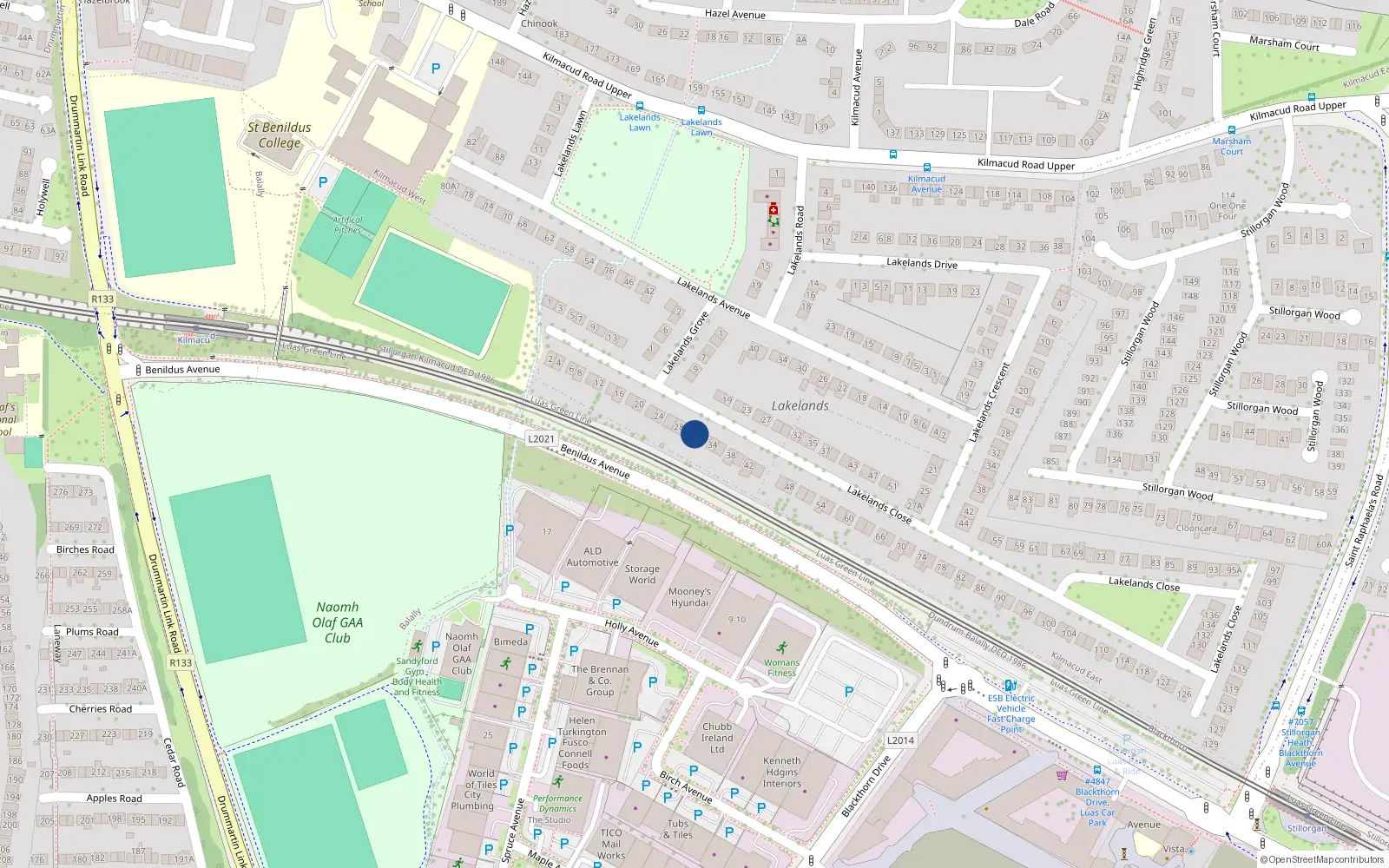 Overhead map showing the location of 30 Lakelands Close, Stillorgan
