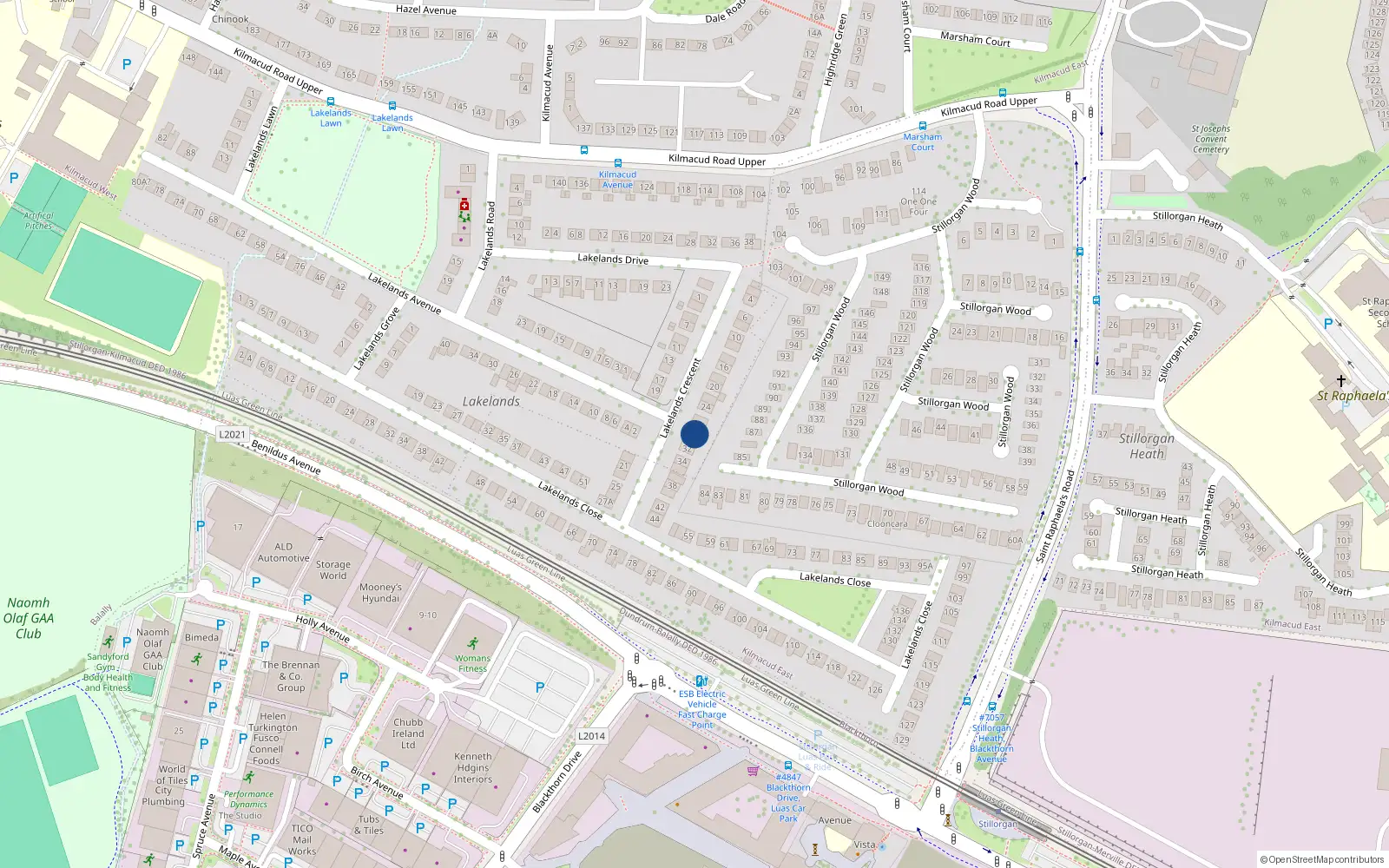 Overhead map showing the location of 30 Lakelands Crescent, Stillorgan