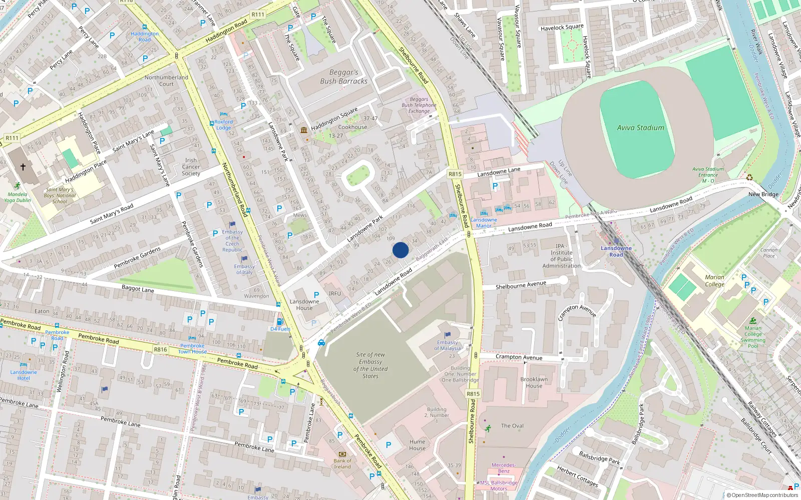 Overhead map showing the location of 30 Lansdowne Road, Dublin 4