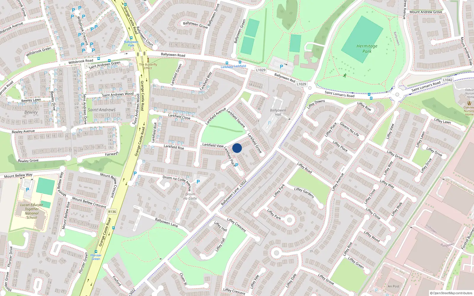 Overhead map showing the location of 30 Larkfield View, Lucan, Dublin