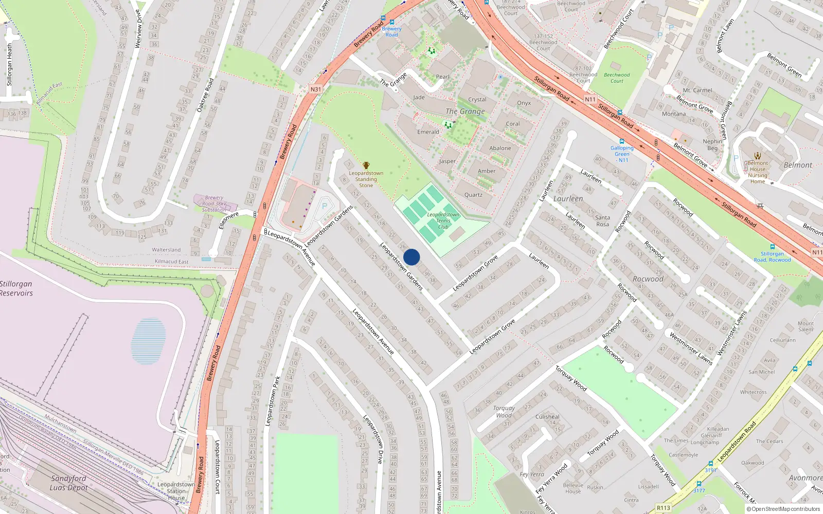 Overhead map showing the location of 30 Leopardstown Gardens, Dublin