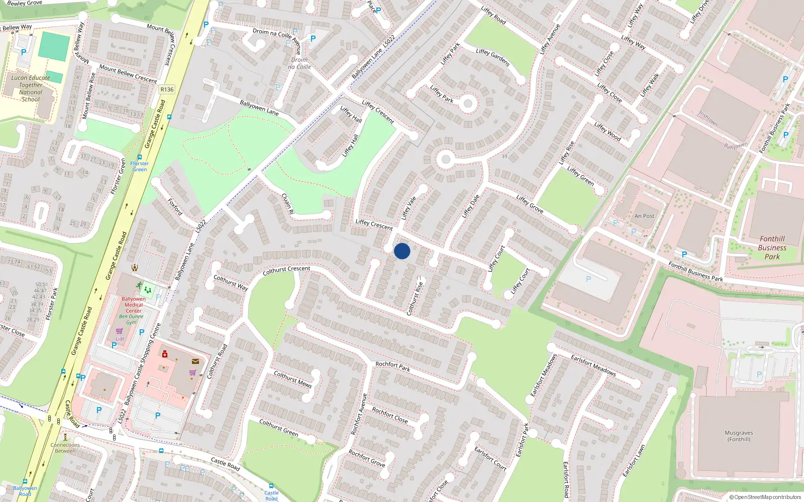 Overhead map showing the location of 30 Liffey Crescent, Lucan