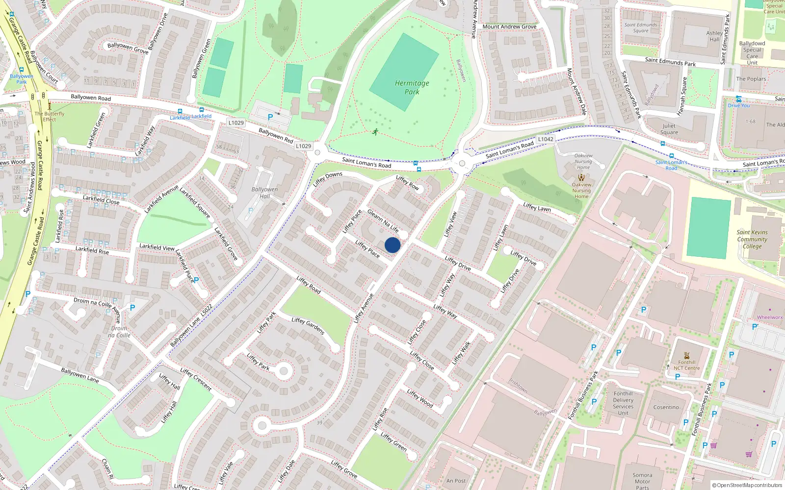 Overhead map showing the location of 30 Liffey Glen, Liffey Valley Park, Lucan