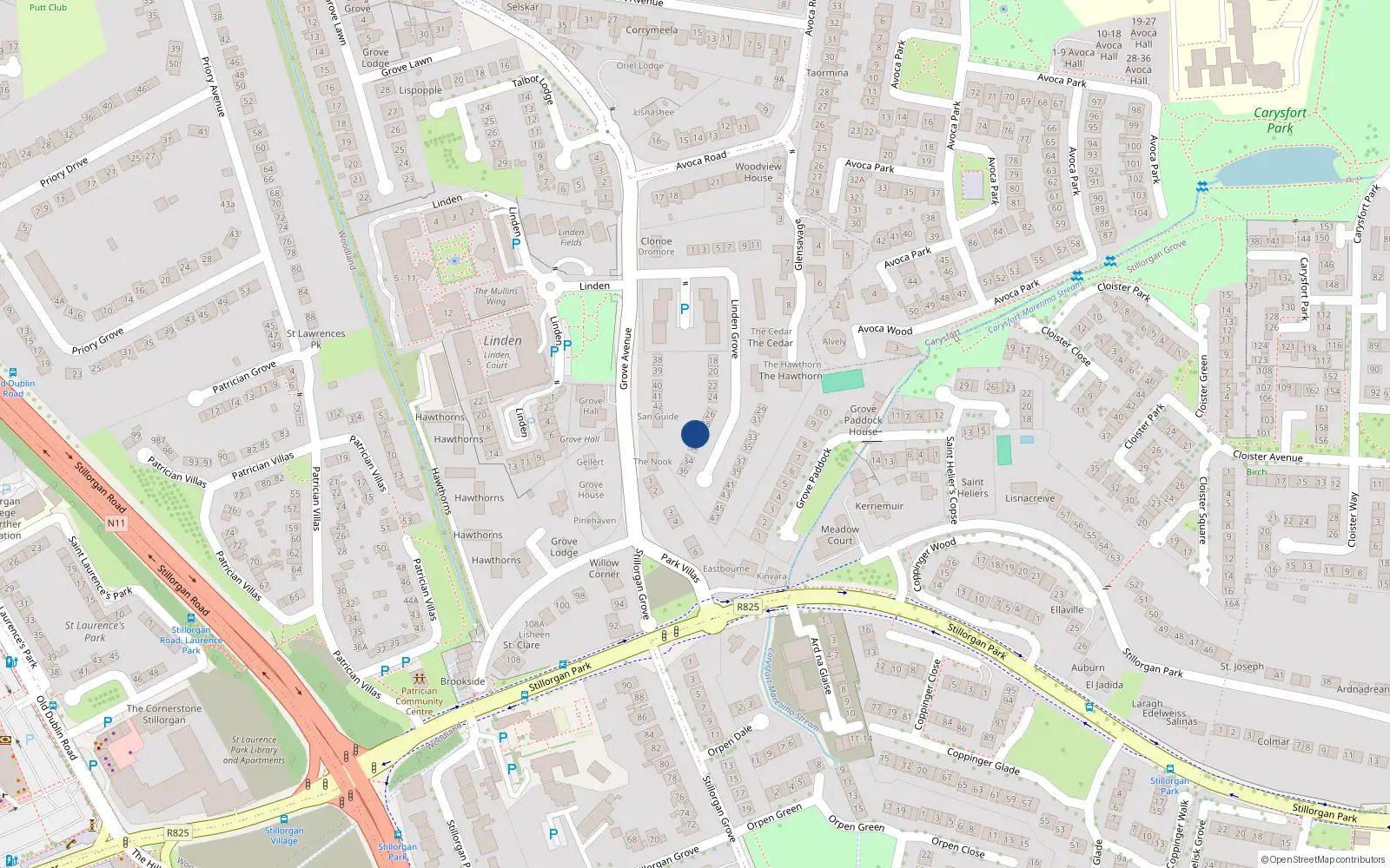 Overhead map showing the location of 30 Linden Grove, Blackrock, Dublin