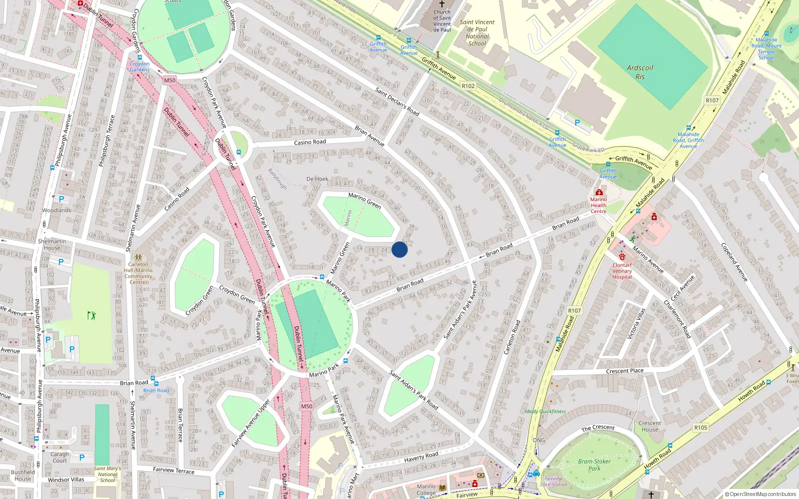 Overhead map showing the location of 30 Marino Green, Dublin 3