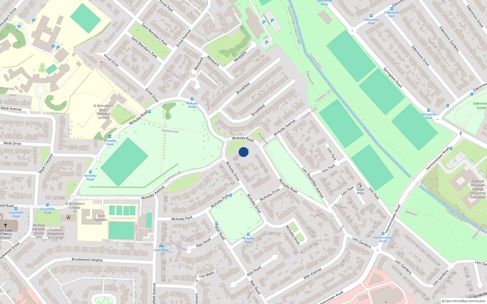 Overhead map showing the location of 30 Mc Auley Avenue, Artane, Dublin 5