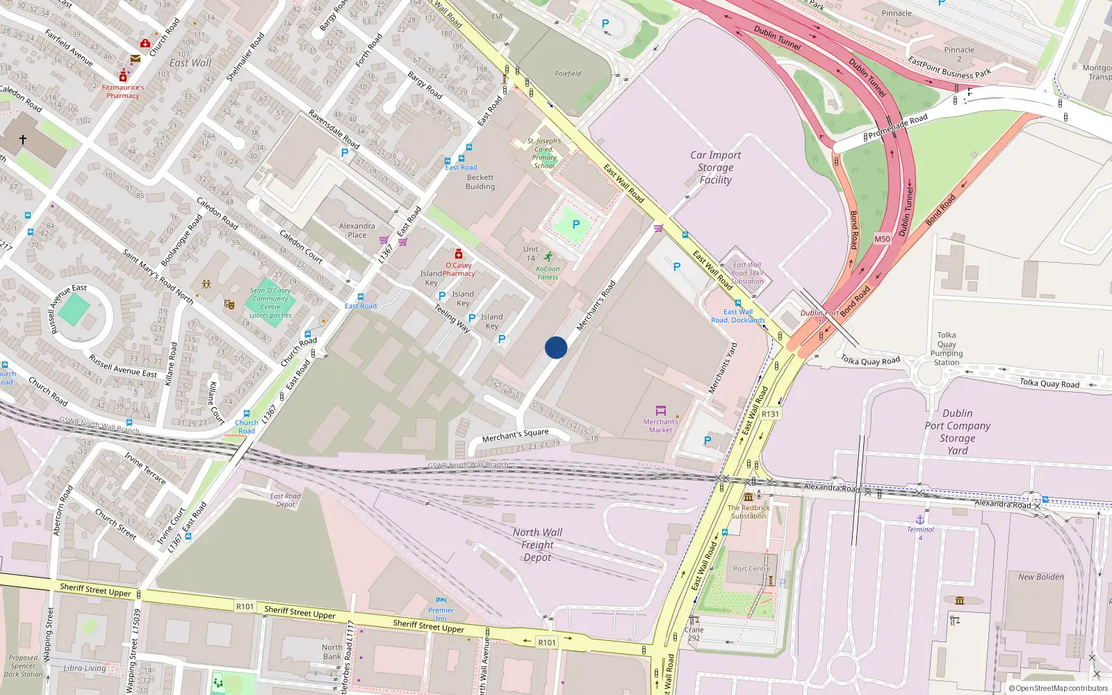 Overhead map showing the location of 30 Merchants Road, East Wall, Dublin 3