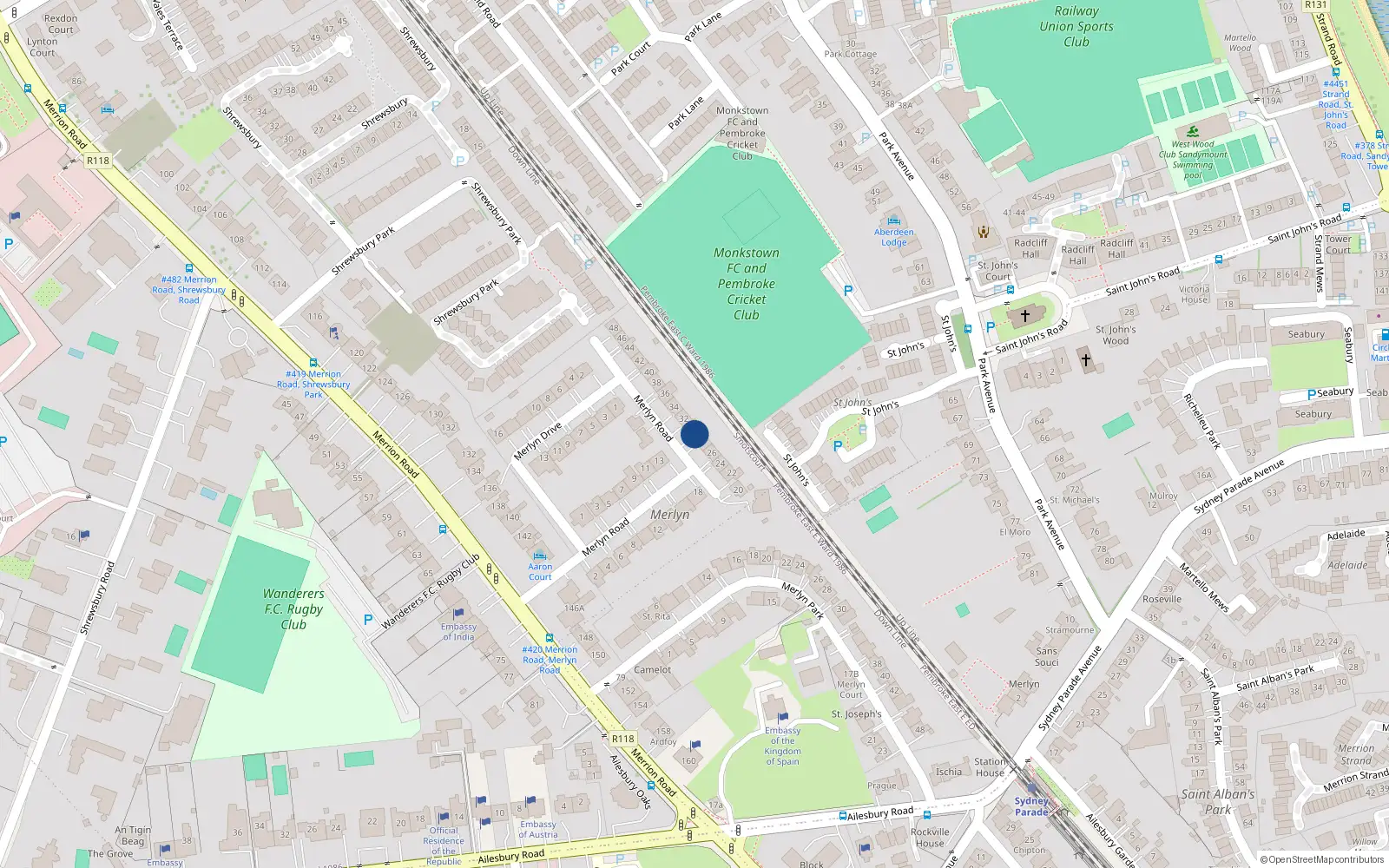 Overhead map showing the location of 30 Merlyn Road, Ballsbridge