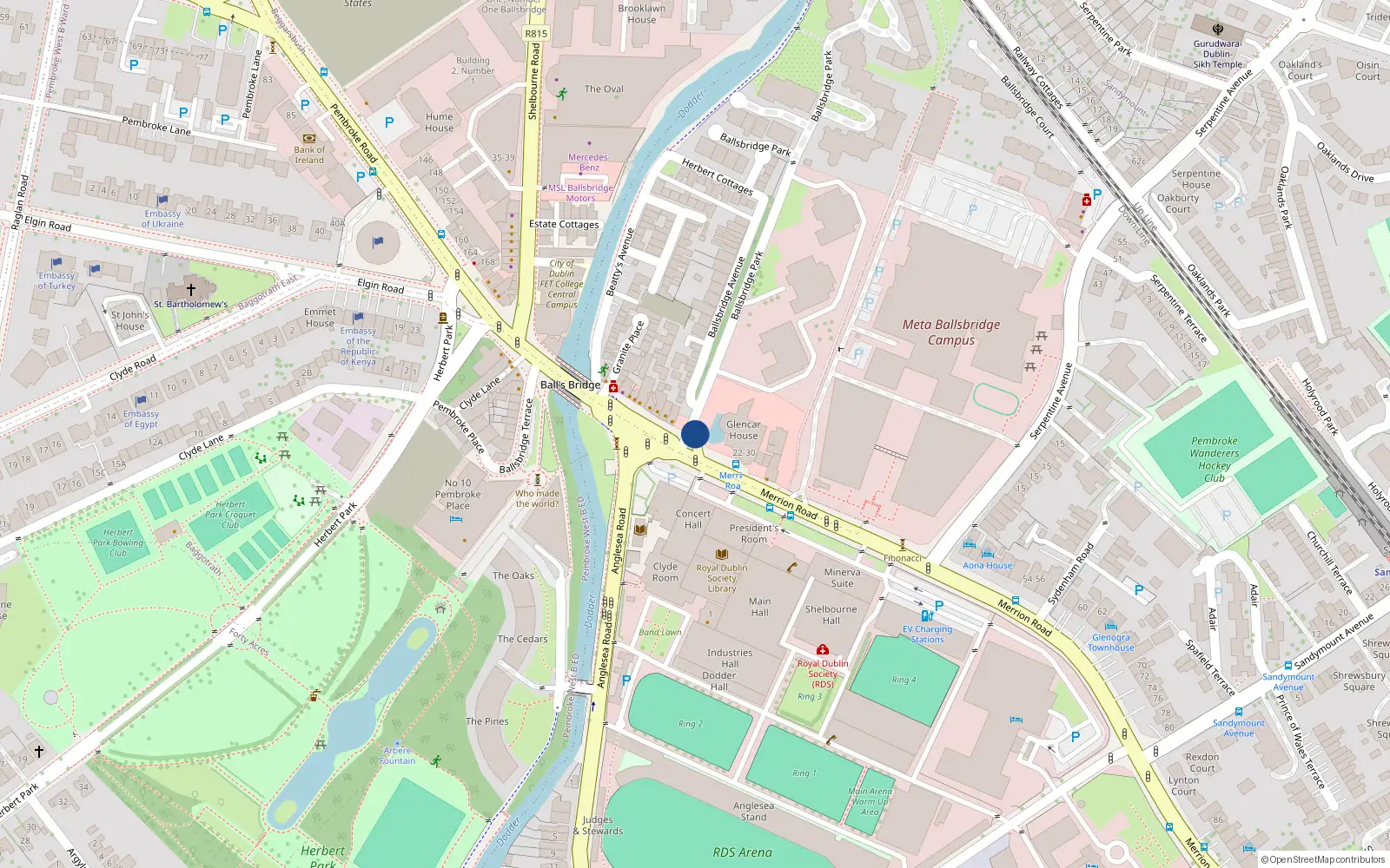 Overhead map showing the location of 30 Merrion Park, Booterstown