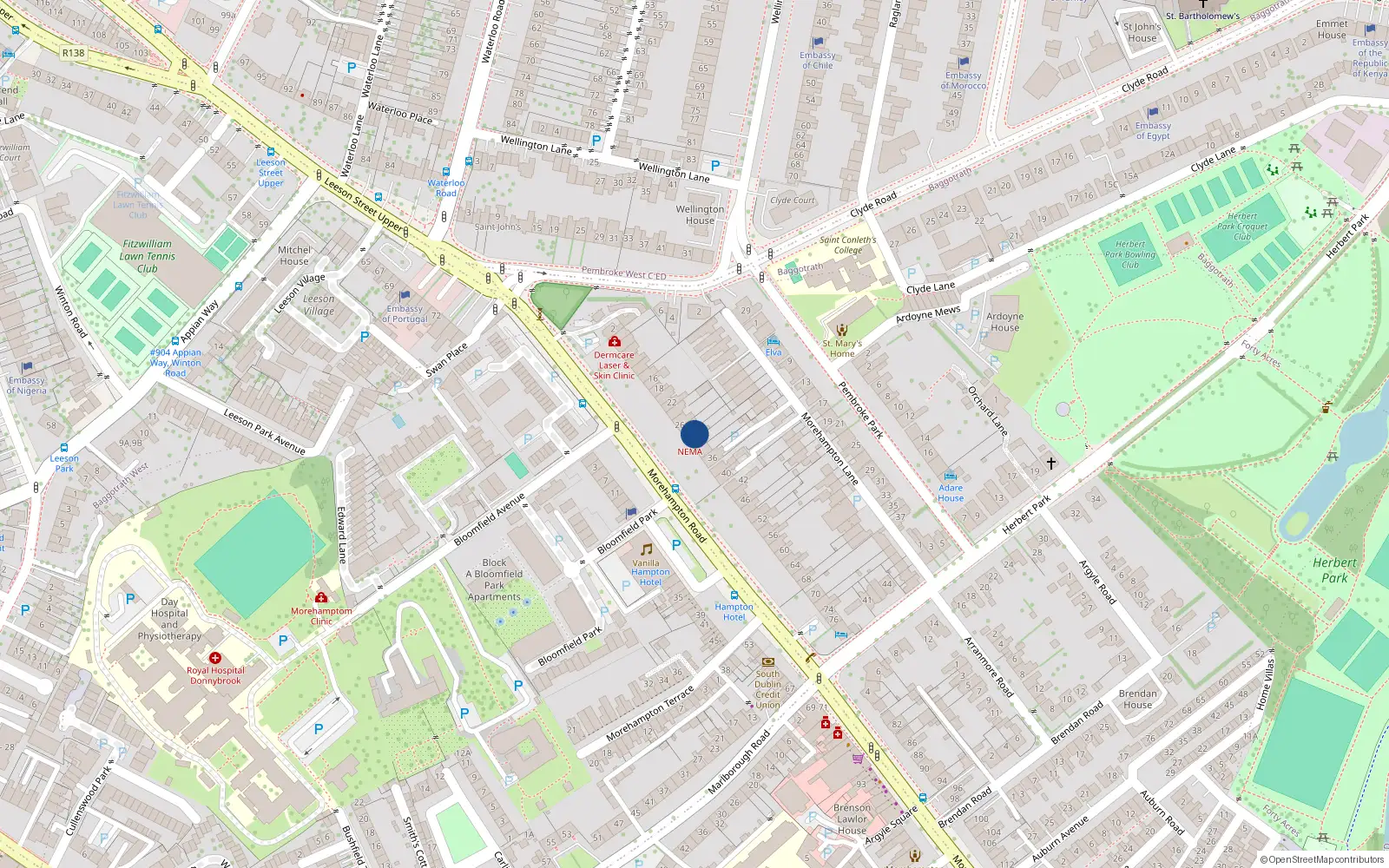 Overhead map showing the location of 30 Morehampton Road, Dublin