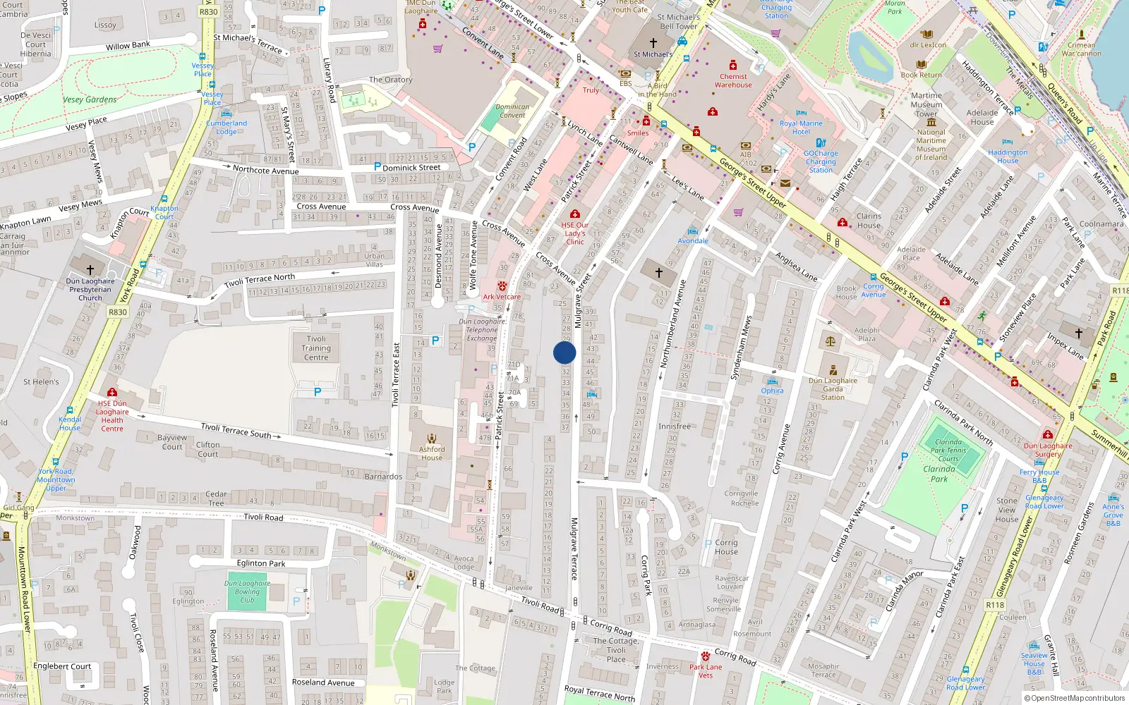 Overhead map showing the location of 30 Mulgrave Street, Dun Laoghaire