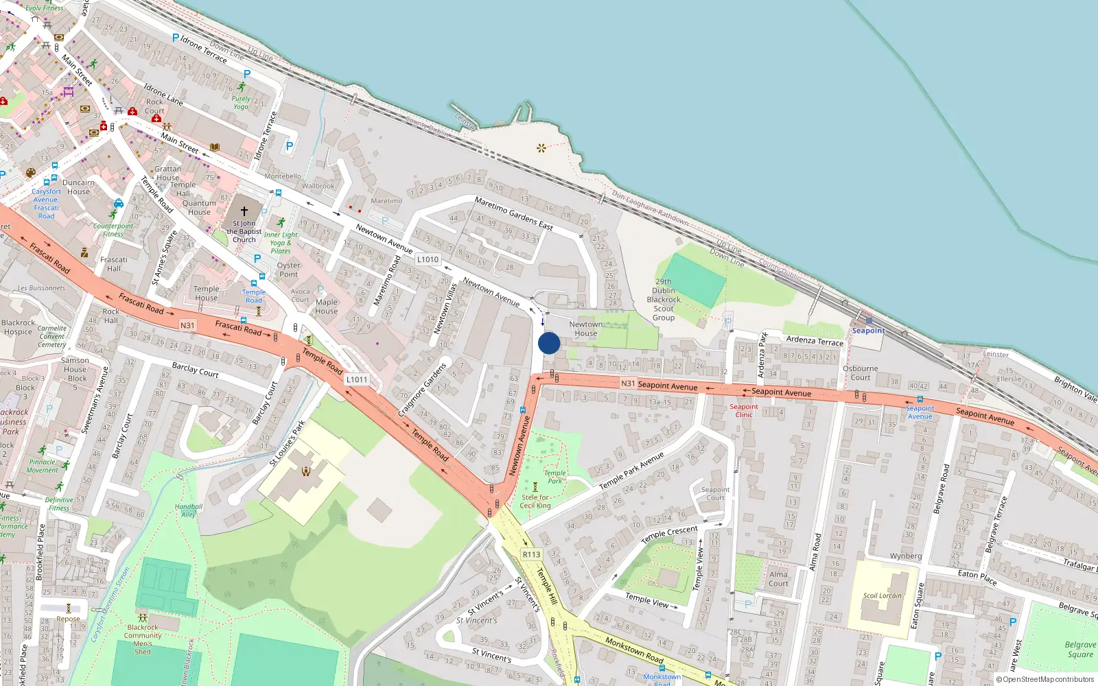 Overhead map showing the location of 30 Newtown Avenue, Blackrock, Dublin