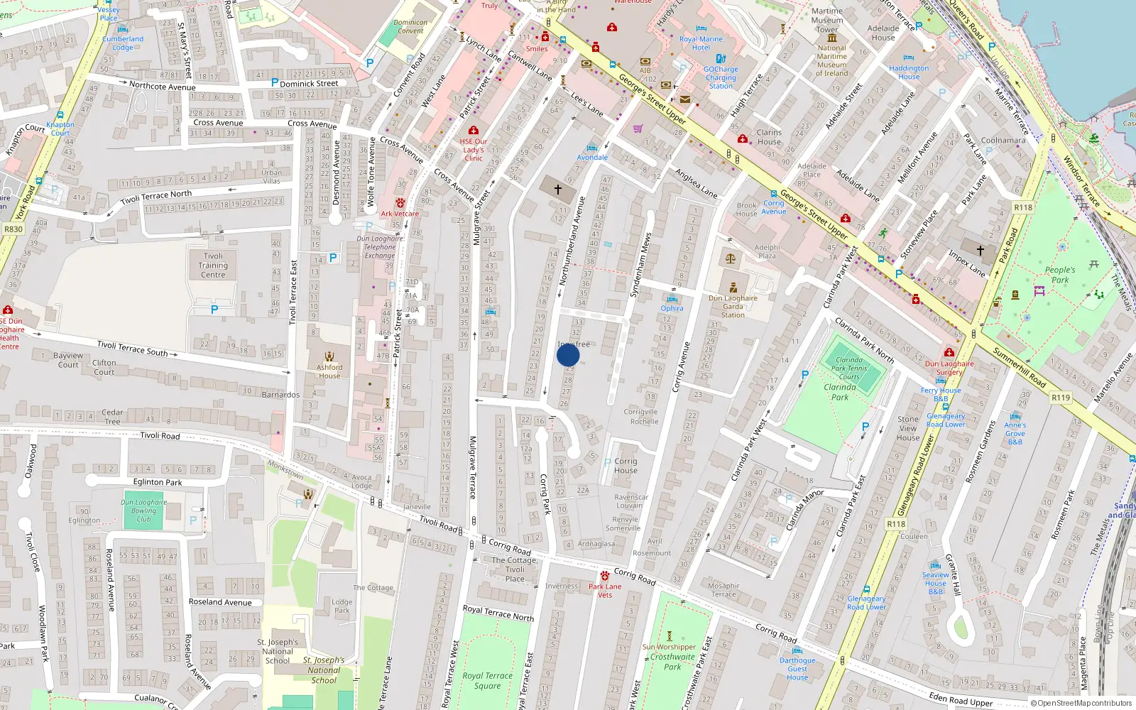 Overhead map showing the location of 30 Northumberland Avenue, Dun Laoghaire, Dublin