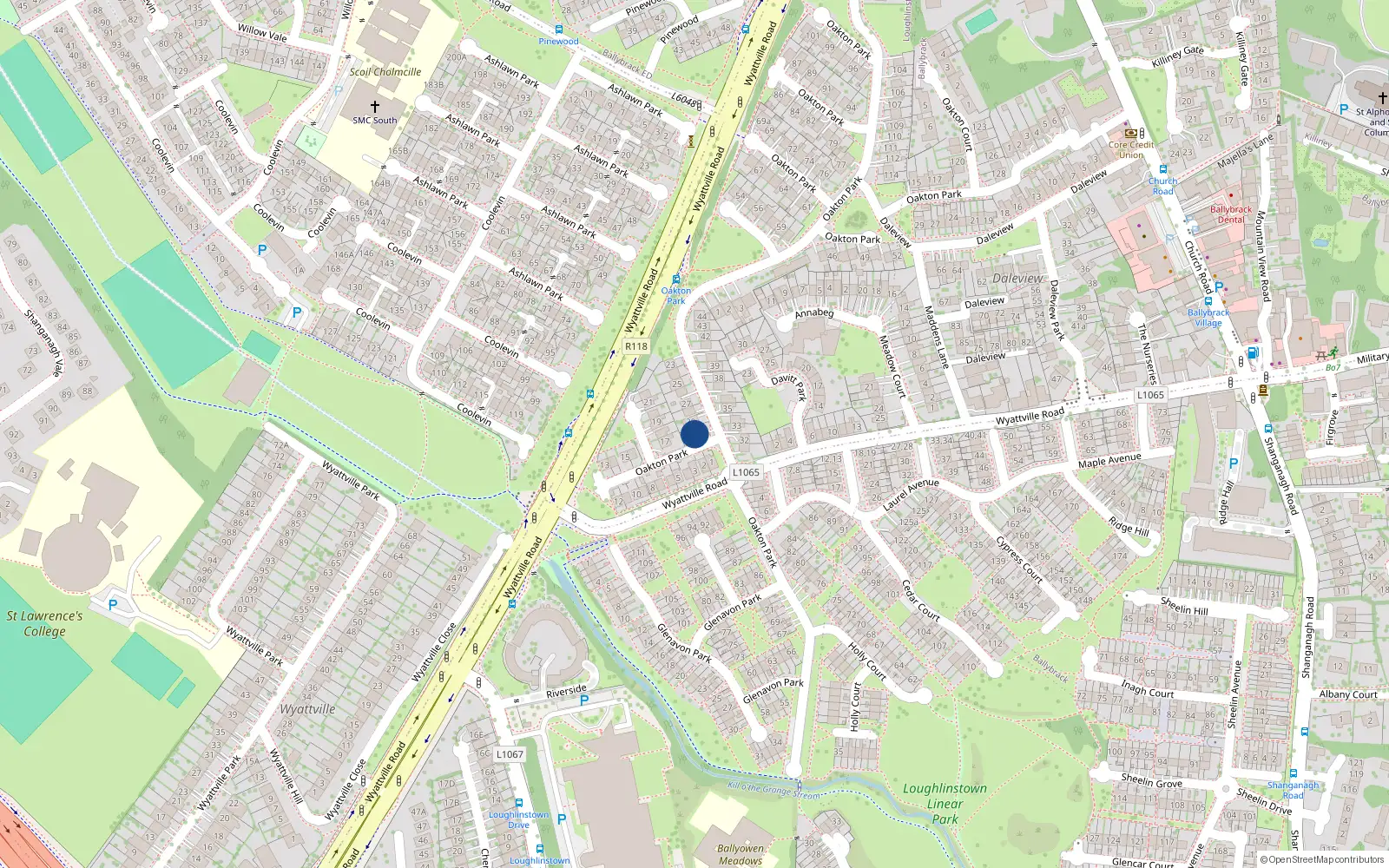 Overhead map showing the location of 30 Oakton Park, Ballybrack, Dublin