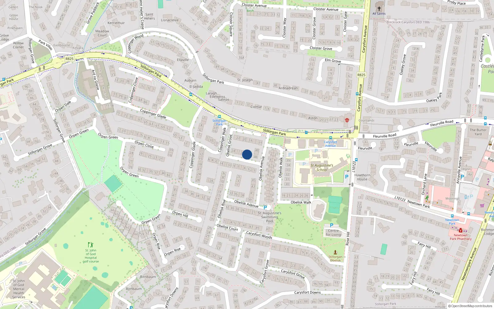 Overhead map showing the location of 30 Obelisk Grove, Blackrock, Dublin