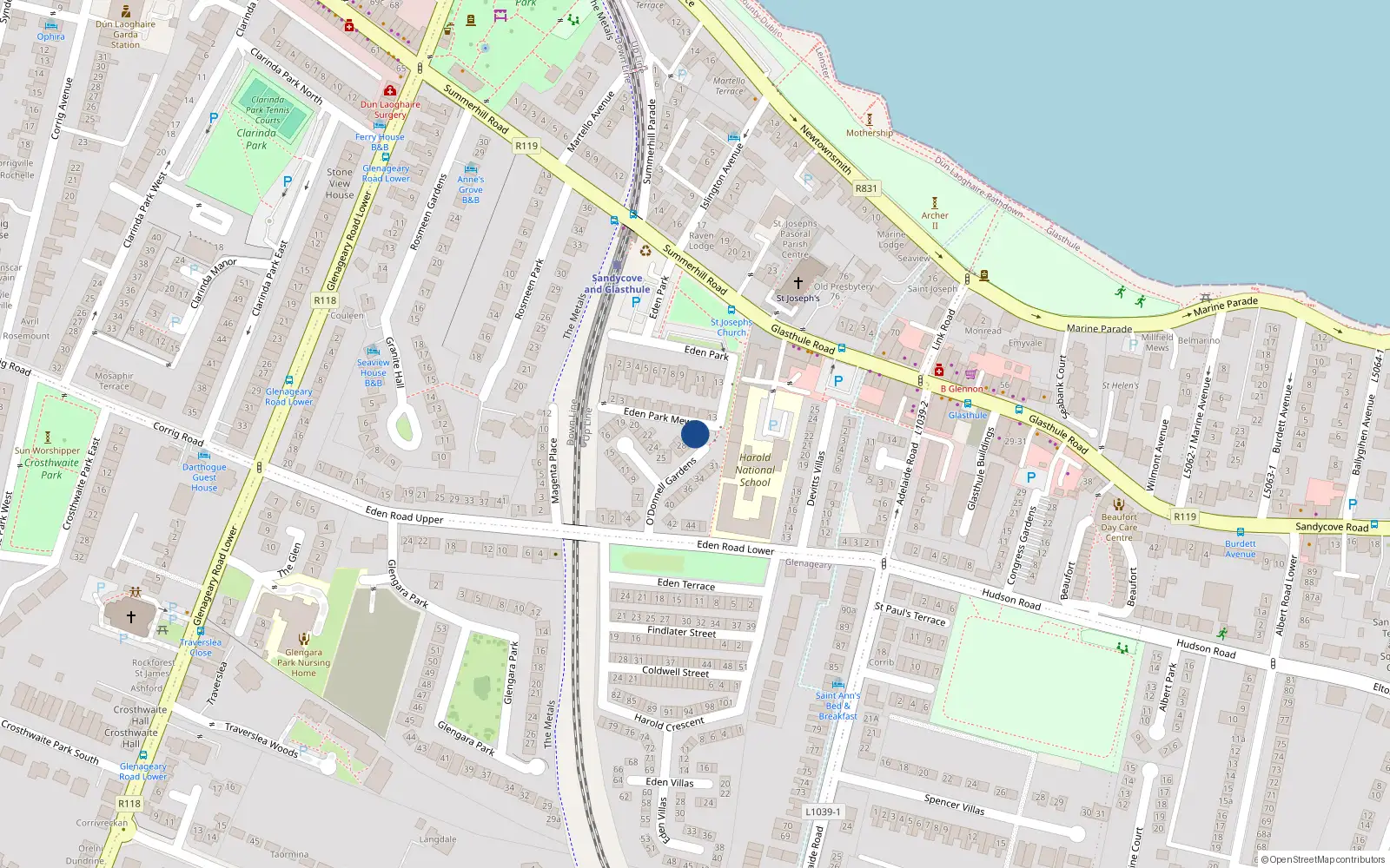 Overhead map showing the location of 30 O'Donnell Gardens, Glasthule