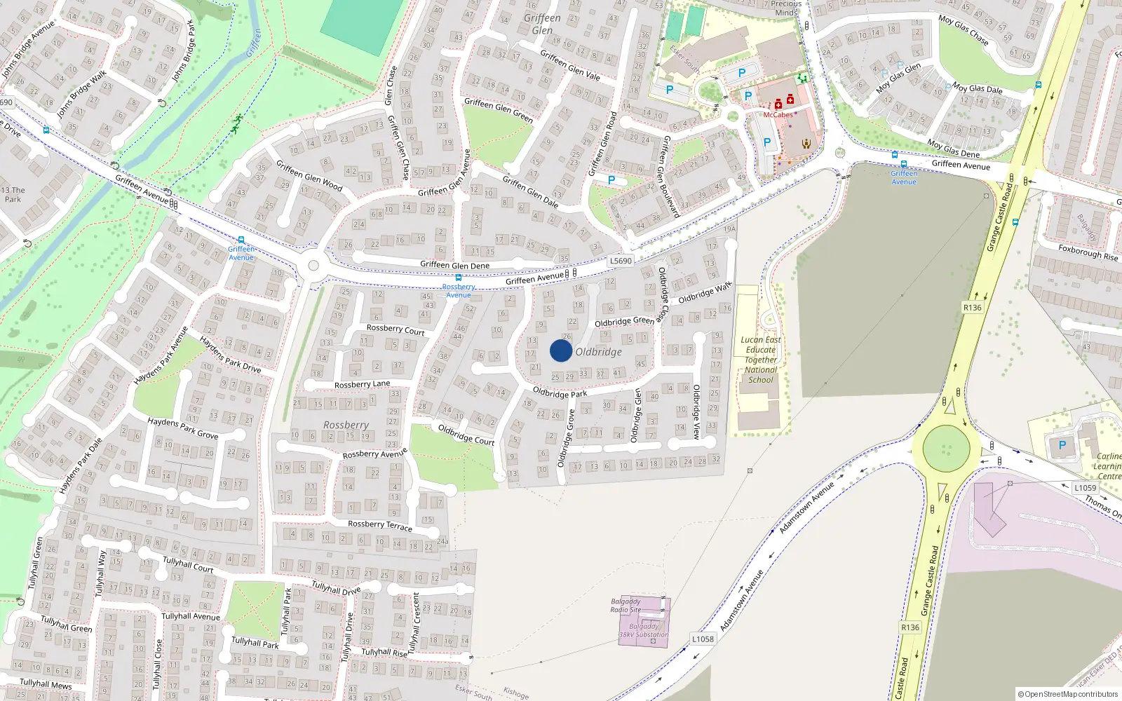 Overhead map showing the location of 30 Oldbridge Green, Griffeen Valley, Lucan