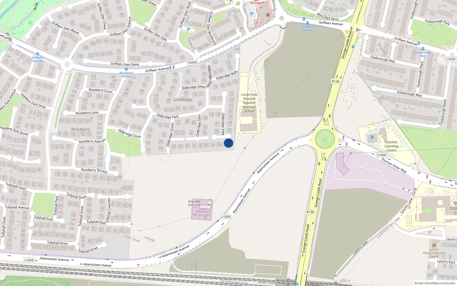 Overhead map showing the location of 30 Oldbridge View, Lucan